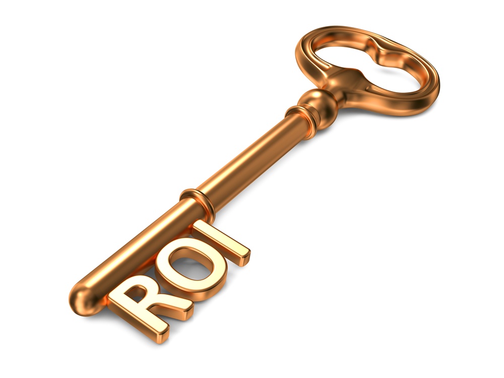 ROI - Golden Key on White Background. 3D Render. Business Concept..jpeg